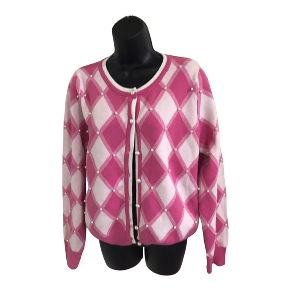 Nanette Lepore pink white diamond print long sleeve cardigan sweater size medium - Picture 5 of 9